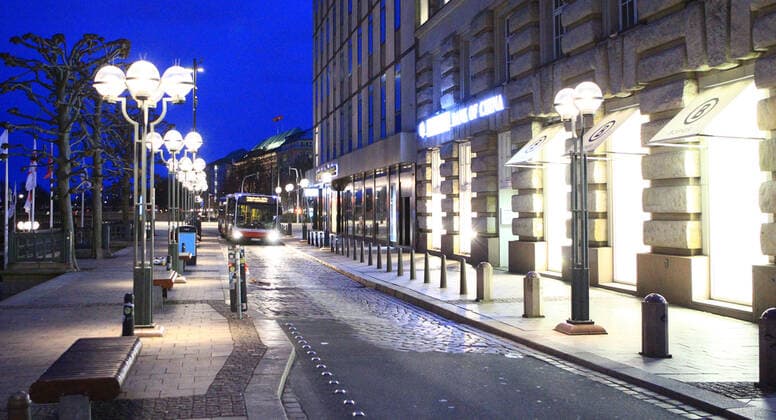 Empty street at the Rathausmarkt after the beginning of the curfew at 9 p.m. Old Town Hamburg