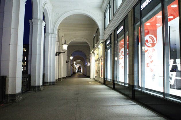 Deserted shopping street in Hamburgs city centre after the curfew began at 9 p.m. Old Town Hamburg