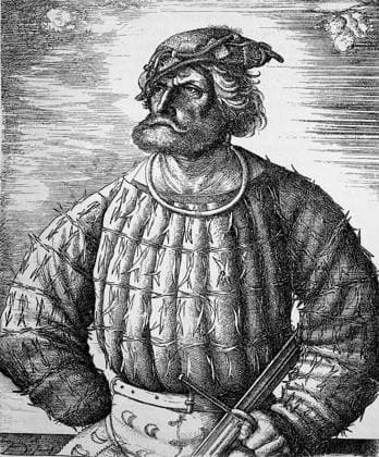 Florian Geyer von Giebelstadt, Geier, c. 1490 10 June 1525, German nobleman, diplomat, and knight lorian Geye, Florian Geier von Giebelstadt, geboren um 1490 in Giebelstadt, gestorben 10. Juni 1525 im Gramschatzer Wald bei Würzburg) war ein fränkischer Reichsritter, Truppenführer im Dienst des Markgrafen Albrecht von Brandenburg-Ansbach und Diplomat. Er übernahm im Bauernkrieg 1525 die Führung des Schwarzen Haufens, Historisch, digital improved reproduction of an original from the 19th century digitale Reproduktion einer Originalvorlage aus dem 19. Jahrhundert, Originaldatum nicht bekannt 1f-4921911