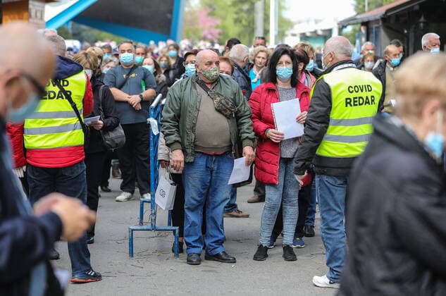 PXL_Mass vaccination in Zagreb People queue outside Zagreb Fair hall during a mass vaccination at Zagreb Fair hall in Zagreb,Croatia on April 12, 2021.By the end of the day 5,000 citizens should receive the AstraZeneca COVID-19 vaccine JuricaxGaloic PIXSELL