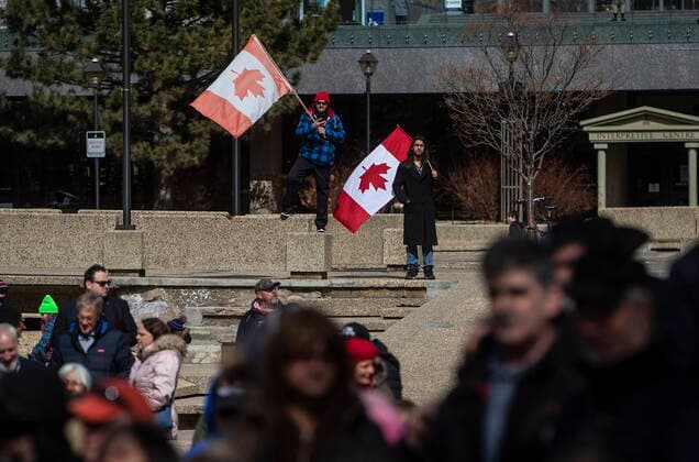 April 12, 2021, EDMONTON, ab, Canada: Anti-lockdown and anti-mask protesters take part in a rally outside the Alberta Legislature in Edmonton on Monday, April 12, 2021. EDMONTON Canada  - ZUMAc35_ 20210412_zaf_c35_040 Copyright: xJasonxFransonx