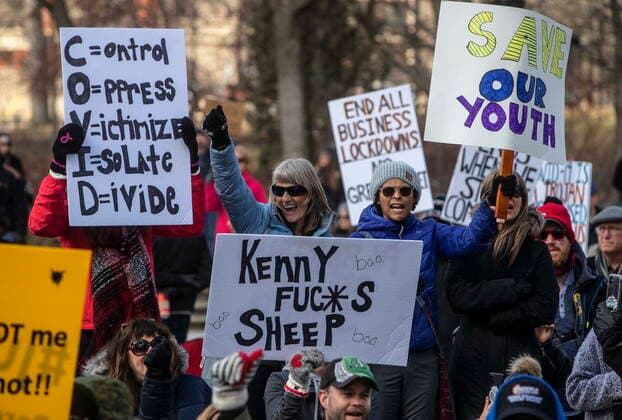 April 12, 2021, EDMONTON, ab, Canada: Anti-lockdown and anti-mask protesters take part in a rally outside the Alberta Legislature in Edmonton on Monday, April 12, 2021. EDMONTON Canada  - ZUMAc35_ 20210412_zaf_c35_042 Copyright: xJasonxFransonx