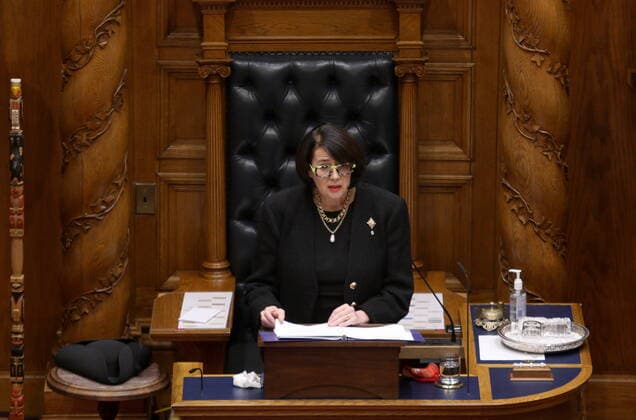 April 12, 2021, Victoria, BC, Canada: Lt.- Gov. Janet Austin delivers the throne speech at Legislature in Victoria, B.C., on Monday, April 12, 2021. Victoria Canada  - ZUMAc35_ 20210412_zaf_c35_064 Copyright: xChadxHipolitox