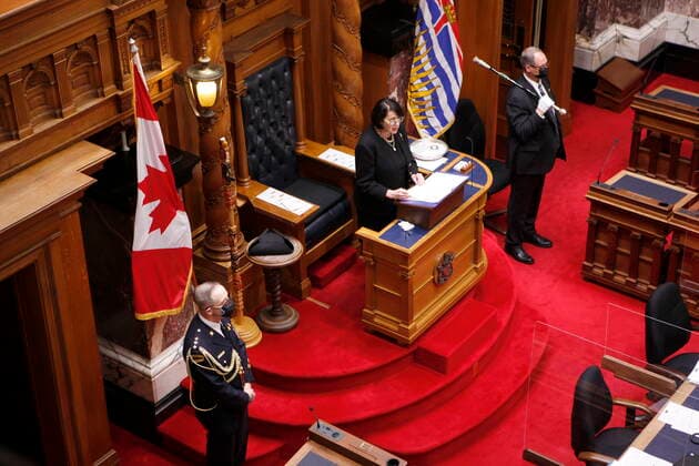 April 12, 2021, Victoria, BC, Canada: Lt.- Gov. Janet Austin delivers the throne speech at Legislature in Victoria, B.C., on Monday, April 12, 2021. Victoria Canada  - ZUMAc35_ 20210412_zaf_c35_067 Copyright: xChadxHipolitox