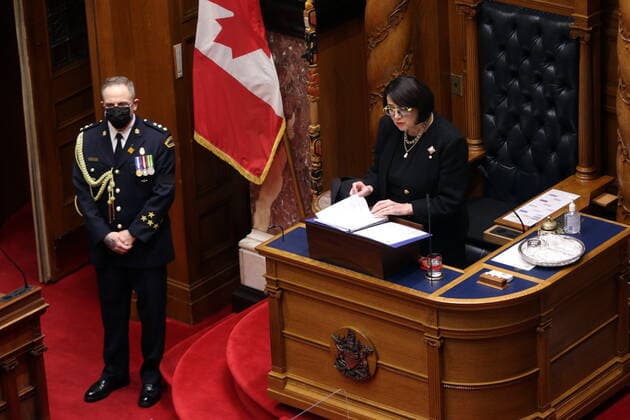 April 12, 2021, Victoria, BC, Canada: Lt.- Gov. Janet Austin delivers the throne speech at Legislature in Victoria, B.C., on Monday, April 12, 2021. Victoria Canada  - ZUMAc35_ 20210412_zaf_c35_070 Copyright: xChadxHipolitox