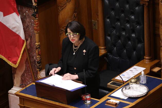 April 12, 2021, Victoria, BC, Canada: Lt.- Gov. Janet Austin delivers the throne speech at Legislature in Victoria, B.C., on Monday, April 12, 2021. Victoria Canada  - ZUMAc35_ 20210412_zaf_c35_071 Copyright: xChadxHipolitox