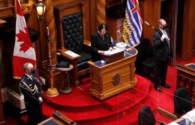 April 12, 2021, Victoria, BC, Canada: Lt.- Gov. Janet Austin delivers the throne speech at Legislature in Victoria, B.C., on Monday, April 12, 2021. Victoria Canada  - ZUMAc35_ 20210412_zaf_c35_076 Copyright: xChadxHipolitox