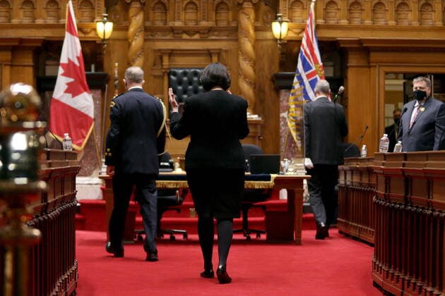 April 12, 2021, Victoria, BC, Canada: Lt.- Gov. Janet Austin delivers the throne speech at Legislature in Victoria, B.C., on Monday, April 12, 2021. Victoria Canada  - ZUMAc35_ 20210412_zaf_c35_078 Copyright: xChadxHipolitox