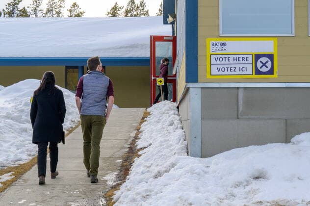 April 12, 2021: Voters arrive at a Whitehorse polling station during the Yukon election on Monday April 12, 2021. Polls have closed across Yukon and votes are being counted as three main parties vie to form the territory s next government.  - ZUMAc35_ 20210412_zaf_c35_111 Copyright: xMarkxKellyx