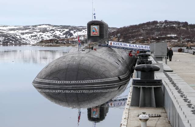 MURMANSK REGION, RUSSIA - APRIL 13, 2021: The K-594 Knyaz Vladimir nuclear-powered ballistic missile submarine at a Russian Navy Northern Fleet base in Gadzhiyevo, Murmansk Region, on Russia s Barents Sea coast. Pavel Lvov TASS  TS0FC998
