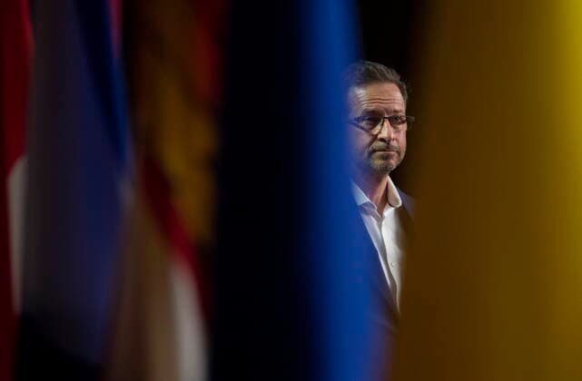 April 13, 2021, Ottawa, on, Canada: Bloc leader Yves-Francois Blanchet watches a colleague speak during a news conference on Parliament Hill in Ottawa, Tuesday April 13, 2021. Ottawa Canada  - ZUMAc35_ 20210413_zaf_c35_010 Copyright: xAdrianxWyldx