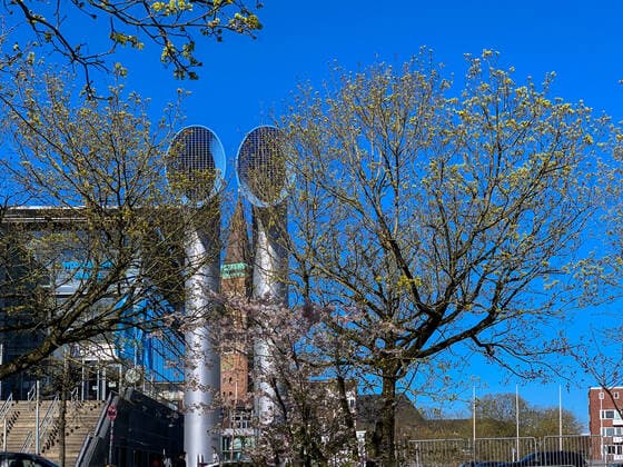 Trees in blossom in spring in front of the event hall Wunderino Arena Ostseehalle in spring