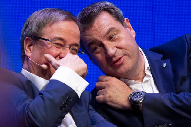Power struggle between Markus SOEDER State Premier of Bavaria and CSU Chairman and Armin LASCHET archive photo Armin LASCHET, CDU State Chairman and State Premier of North Rhine Westphalia, Markus SOEDER, SÌ¦der, CSU Chairman and Bavarian State Premier, kicking off the European election campaign of CDU and CSU, Halle Muensterland in Muenster on 27 04 2019,