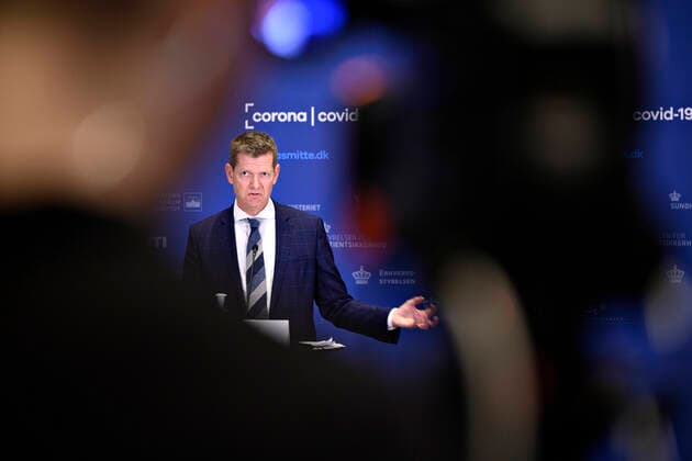 Director of the National Board of Health Soeren Brostroem resumes the press conference only after the head of unit in the Danish Medicines Agency Tanja Erichsen fell over when the two held a press briefing about the corona vaccine from AstraZeneca in Eigtveds Warehouse in Copenhagen, Wednesday 14 April 2021, Snekkersten Denmark  Copyright: PhilipxDavali PhilipxDavalix COP104 spdk20210414-174542-L