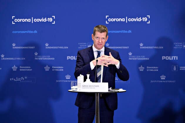Director of the National Board of Health Soeren Brostroem, when he and head of unit at the Danish Medicines Agency Tanja Erichsen hold a press briefing on the corona vaccine from AstraZeneca in Eigtveds Warehouse in Copenhagen, Wednesday 14 April 2021, Snekkersten Denmark  Copyright: PhilipxDavali PhilipxDavalix COP104 spdk20210414-174614-L