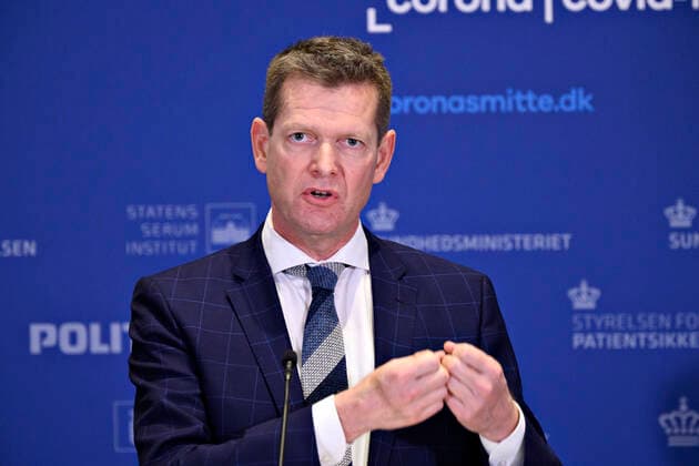 Director of the National Board of Health Soeren Brostroem, when he and head of unit at the Danish Medicines Agency Tanja Erichsen hold a press briefing on the corona vaccine from AstraZeneca in Eigtveds Warehouse in Copenhagen, Wednesday 14 April 2021, Snekkersten Denmark  Copyright: PhilipxDavali PhilipxDavalix COP104 spdk20210414-174619-L
