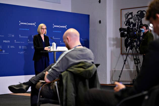 Head of Unit at the Danish Medicines Agency Tanja Erichsen, when she and director of the National Board of Health Soeren Brostroem hold a press briefing on the corona vaccine from AstraZeneca in Eigtveds Warehouse in Copenhagen, Wednesday 14 April 2021, Snekkersten Denmark  Copyright: PhilipxDavali PhilipxDavalix COP104 spdk20210414-174638-L