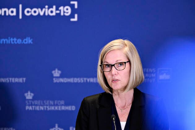 Head of Unit at the Danish Medicines Agency Tanja Erichsen, when she and director of the National Board of Health Soeren Brostroem hold a press briefing on the corona vaccine from AstraZeneca in Eigtveds Warehouse in Copenhagen, Wednesday 14 April 2021, Snekkersten Denmark  Copyright: PhilipxDavali PhilipxDavalix COP104 spdk20210414-174648-L