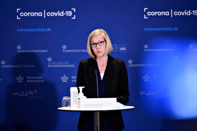 Head of Unit at the Danish Medicines Agency Tanja Erichsen, when she and director of the National Board of Health Soeren Brostroem hold a press briefing on the corona vaccine from AstraZeneca in Eigtveds Warehouse in Copenhagen, Wednesday 14 April 2021, Snekkersten Denmark  Copyright: PhilipxDavali PhilipxDavalix COP104 spdk20210414-174706-L