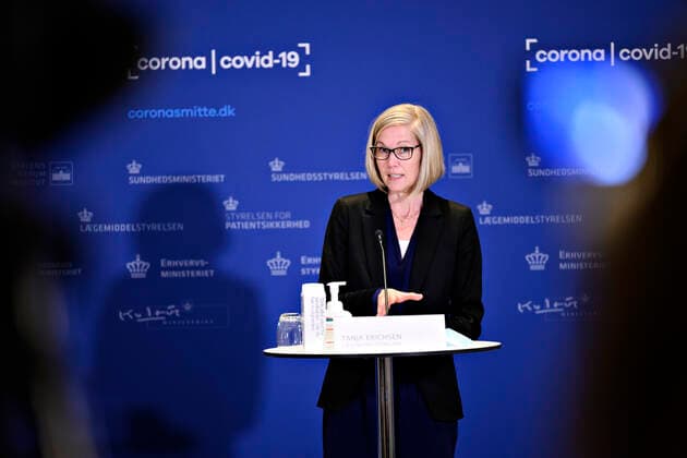 Head of Unit at the Danish Medicines Agency Tanja Erichsen, when she and director of the National Board of Health Soeren Brostroem hold a press briefing on the corona vaccine from AstraZeneca in Eigtveds Warehouse in Copenhagen, Wednesday 14 April 2021, Snekkersten Denmark  Copyright: PhilipxDavali PhilipxDavalix COP104 spdk20210414-174710-L