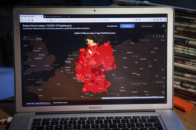 Coronavirus in Germany Covid 19 Dashboard of the Robert Koch Institute 15 04 2021 Robert Koch Institute 7 days incidence 160.1 7 days number of cases 133 162 COVID 19 cases 3 073 442 Addition of 29 426 compared to the previous day COVID 19 deaths 79 381 Addition of 293 compared to the previous day