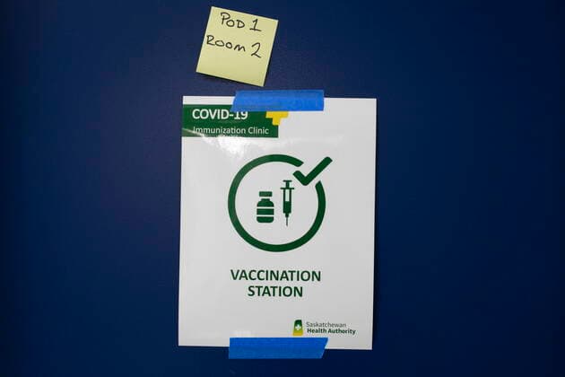 April 15, 2021, Saskatoon, SK, Canada: A Saskatchewan Health Authority sign signifying a vaccine station at the Saskatoon Tribal Council run vaccination clinic inside SaskTel centre in Saskatoon, Sask., on Thursday, April 15, 2021. Saskatoon Canada  - ZUMAc35_ 20210415_zaf_c35_051 Copyright: xKaylexNeisx