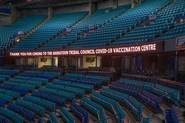 April 15, 2021, Saskatoon, SK, Canada: A sign held in the arena at the Saskatoon Tribal Council run vaccination clinic inside SaskTel centre in Saskatoon, Sask., on Thursday, April 15, 2021. Saskatoon Canada  - ZUMAc35_ 20210415_zaf_c35_056 Copyright: xKaylexNeisx
