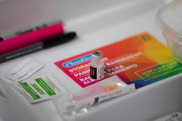 April 15, 2021, Saskatoon, SK, Canada: The Pfizer-BioNTech vaccine stands in a tray before use at the Saskatoon Tribal Council run vaccination clinic inside SaskTel centre in Saskatoon, Sask., on Thursday, April 15, 2021. Saskatoon Canada  - ZUMAc35_ 20210415_zaf_c35_073 Copyright: xKaylexNeisx