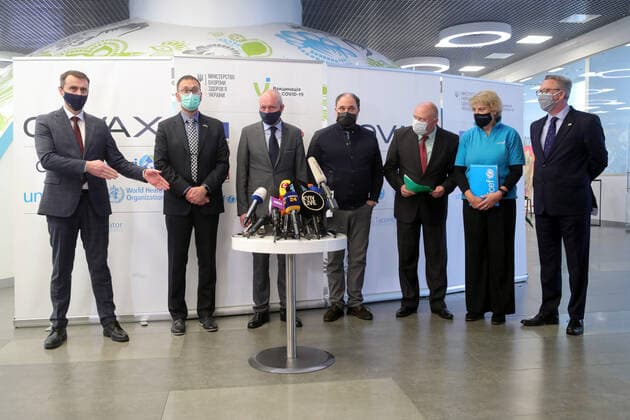 KYIV, UKRAINE - APRIL 16, 2021 - Participants are pictured during a briefing on the arrival of the first batch of the Pfizer-BioNTech COVID-19 (Comirnaty) vaccine, Kyiv, capital of Ukraine. Briefing on delivery of Pfizer vaccine to Ukraine  Copyright: xPavlo_Bagmutx