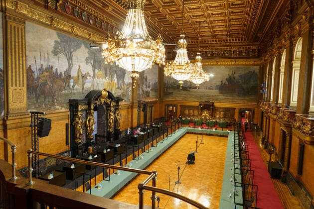 Opening pictures meeting on 16 April 2021 6 session Parliamentary Investigation Committee Cum Ex Tax Money Affair in the City Hall Hamburg Großer Festsaal Opening pictures meeting on 16 April 2021 6 session Parliamentary Investigation Committee Cum Ex Tax Money Affair in the City Hall Hamburg Großer Festsaal , Hamburg Hamburg Germany City Hall