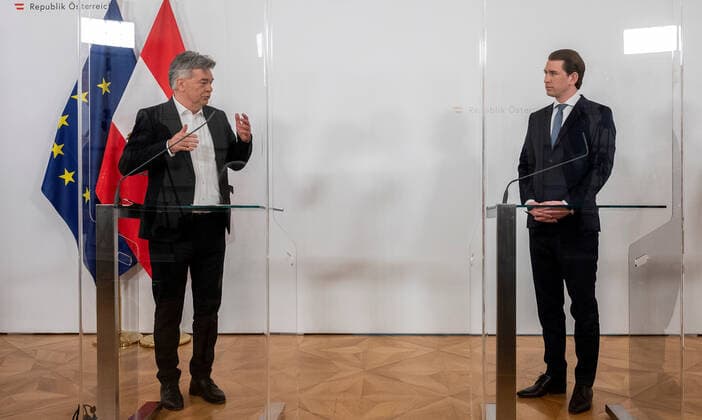 20210416 Adjustments of Corona measures. Talks with experts - opposition - state governors - Presentation of results VIENNA, AUSTRIA - APRIL 16: Vice Chancellor Werner Kogler (Green Party) and Federal Chancellor Sebastian Kurz (OEVP) at press conference after talks with the state governors and experts concerning possible adjustments of the Corona measures at Federal Chancellery on April 16, 2021 in Vienna, Austria. WIEN, OESTERREICH - 16. APRIL: Vizekanzler Werner Kogler (Gruene) und Bundeskanzler Sebastian Kurz (OEVP) bei einer Pressekonferenz nach Gespraechen von Vertetern der Regierung mit Landeshauptleuten und Experten ueber moegliche Anpassungen der Corona-Massnahmen im Bundeskanzleramt am 16. April 2021 in Wien, Oesterreich. 210416_S Copyright: xMartinxJuenx SEPAxMedia