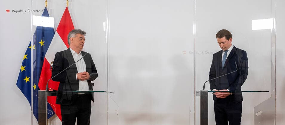 20210416 Adjustments of Corona measures. Talks with experts - opposition - state governors - Presentation of results VIENNA, AUSTRIA - APRIL 16: Vice Chancellor Werner Kogler (Green Party) and Federal Chancellor Sebastian Kurz (OEVP) at press conference after talks with the state governors and experts concerning possible adjustments of the Corona measures at Federal Chancellery on April 16, 2021 in Vienna, Austria. WIEN, OESTERREICH - 16. APRIL: Vizekanzler Werner Kogler (Gruene) und Bundeskanzler Sebastian Kurz (OEVP) bei einer Pressekonferenz nach Gespraechen von Vertetern der Regierung mit Landeshauptleuten und Experten ueber moegliche Anpassungen der Corona-Massnahmen im Bundeskanzleramt am 16. April 2021 in Wien, Oesterreich. 210416_S Copyright: xMartinxJuenx SEPAxMedia