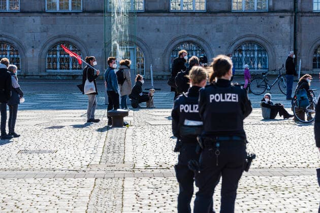 Kiel, 16 April 2021 On the town hall square in Kiel there was today on 16 April under the motto NoCovid it is possible a demonstration for stricter measures to fight the Corona pandemic The number of participants was limited to 100, all adhered to mask obligation and distance rules