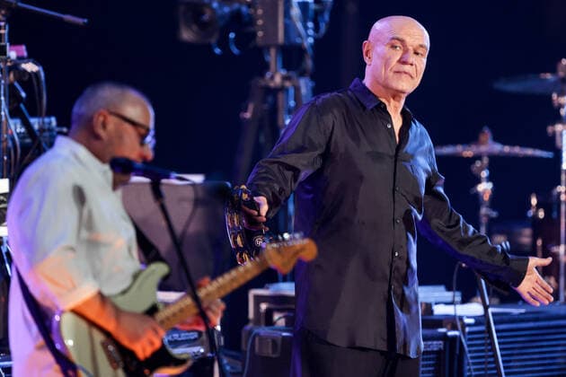 KRASNOGORSK, MOSCOW REGION, RUSSIA - APRIL 16, 2021: Guitarist Nikolai Devlet-Kildeyev (L) and lead singer Sergei Mazayev of Russian rock band Moral Codex perform during a concert marking the band s 30th birthday at Crocus City Hall. Sergei Bobylev TASS  TS0FD087