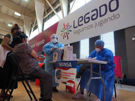 April 17, 2021, Lima, Lima, Peru: Elderly waiting to be inoculated with the Covid-19 vaccine in a sports center. The Peruvian Government enabled the sports venues of the Lima 2019 Pan American Games as vaccination centers. Lima Peru - ZUMAg240 20210417_zip_g240_001 Copyright: xCarlosxGarciaxGranthonx
