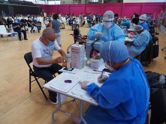 April 17, 2021, Lima, Lima, Peru: Elderly man waiting to be inoculated with the Covid-19 vaccine in a sports center. The Peruvian Government enabled the sports venues of the Lima 2019 Pan American Games as vaccination centers. Lima Peru - ZUMAg240 20210417_zip_g240_005 Copyright: xCarlosxGarciaxGranthonx