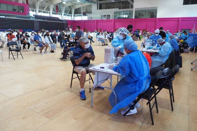 April 17, 2021, Lima, Lima, Peru: Elderly being inoculated with the Covid-19 vaccine in a sports center. The Peruvian Government enabled the sports venues of the Lima 2019 Pan American Games as vaccination centers. Lima Peru - ZUMAg240 20210417_zip_g240_012 Copyright: xCarlosxGarciaxGranthonx