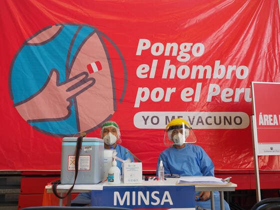 April 17, 2021, Lima, Lima, Peru: Medical staff at a vaccination post in a sports center. The Peruvian Government enabled the sports venues of the Lima 2019 Pan American Games as vaccination centers. Lima Peru - ZUMAg240 20210417_zip_g240_013 Copyright: xCarlosxGarciaxGranthonx