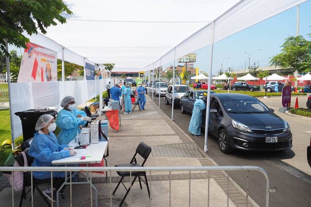 April 17, 2021, Lima, Lima, Peru: Elderly being inoculated with the Covid-19 vaccine in a drive in post at a sports center. The Peruvian Government enabled the sports venues of the Lima 2019 Pan American Games as vaccination centers. Lima Peru - ZUMAg240 20210417_zip_g240_022 Copyright: xCarlosxGarciaxGranthonx