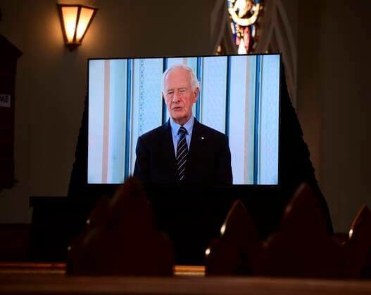 April 17, 2021, Ottawa, on, Canada: David Johnston, Former Governor General of Canada, gives a virtual tribute during the National Commemorative Ceremony in honour of Prince Philip, The Duke of Edinburgh, at Christ Church Cathedral in Ottawa on Saturday, April 17, 2021. Ottawa Canada - ZUMAc35_ 20210417_zaf_c35_008 Copyright: xSeanxKilpatrickx