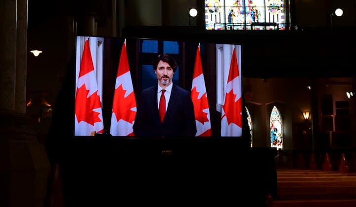 April 17, 2021, Ottawa, on, Canada: Prime Minister Justin Trudeau gives a virtual tribute at the National Commemorative Ceremony in honour of Prince Philip, The Duke of Edinburgh, at Christ Church Cathedral in Ottawa on Saturday, April 17, 2021. Ottawa Canada  - ZUMAc35_ 20210417_zaf_c35_013 Copyright: xSeanxKilpatrickx