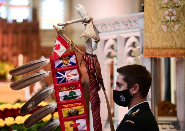 April 17, 2021, Ottawa, on, Canada: Eagle Staff Bearer stands during the National Commemorative Ceremony in honour of Prince Philip, The Duke of Edinburgh, at Christ Church Cathedral in Ottawa on Saturday, April 17, 2021. Ottawa Canada  - ZUMAc35_ 20210417_zaf_c35_014 Copyright: xSeanxKilpatrickx