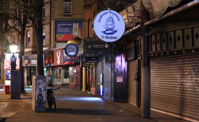 Closed gastronomy during curfew in Hamburg on the deserted amusement mile Reeperbahn on St Pauli St Pauli Hamburg
