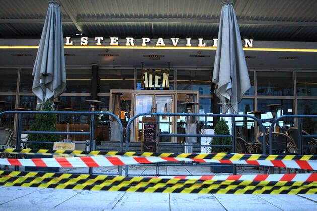 Entrance of the ALEX at the Alsterpavillon at Jungernstieg in Hamburg cordoned off with police tape and flutter tape during the lockdown downtown Hamburg