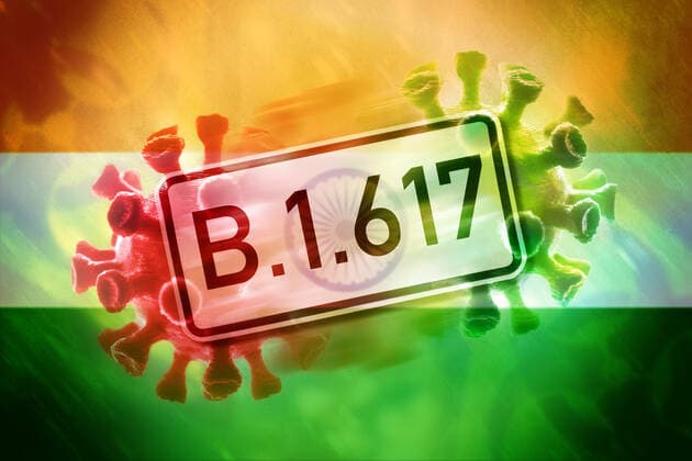 PHOTOMONTAGE, Mutating coronavirus and flag of India, symbol photo Indian virus mutation B 1 617 ** NUR FUER REDAKTIONELLE ZWECKE ** EDITORIAL USE ONLY **