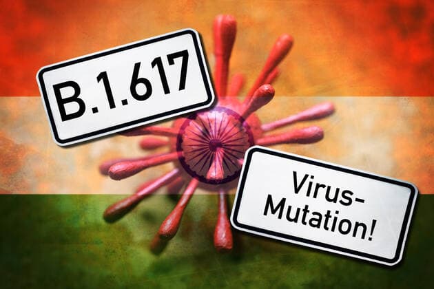 PHOTOMONTAGE, coronavirus and flag of India, symbol photo Indian virus mutation B 1 617 ** NUR FUER REDAKTIONELLE ZWECKE ** EDITORIAL USE ONLY **