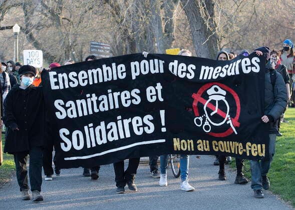 April 18, 2021, Montreal, PQ, Canada: People take part in a demonstration opposing the Quebec governmentÃ¢â‚¬â ¢s 8pm curfew in Montreal, Sunday, April 18, 2021, as the COVID-19 pandemic continues in Canada and around the world. Montreal Canada  - ZUMAc35_ 20210418_zaf_c35_032 Copyright: xGrahamxHughesx