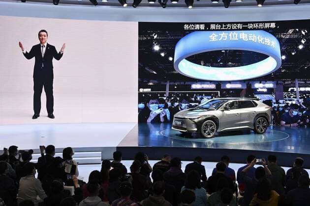 Motor show in Shanghai Toyota Motor Corp. unveils a concept version of the new bZ4X electric vehicle on the opening day of the 19th Shanghai International Automobile Industry Exhibition in the Chinese city on April 19, 2021. 