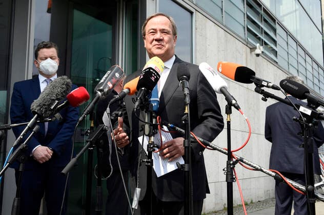 Armin Laschet during a press statement on Annalena Baerbocks candidacy for chancellor in front of the Konrad Adenauer Haus Berlin, 19 04 2021 Foto:xF.xKernx xFuturexImage