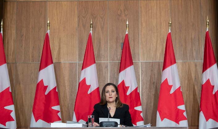 April 19, 2021, Ottawa, on, Canada: Minister of Finance Chrystia Freeland speaks during a news conference in Ottawa, Monday April 19, 2021. Freeland will deliver the government s first budget since the COVID-19 pandemic began. Ottawa Canada  - ZUMAc35_ 20210419_zaf_c35_080 Copyright: xAdrianxWyldx